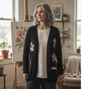 Aaeda Floral Open Front Cardigan Sweater Women's 1X Black Long‎ Sleeve Soft Knit
